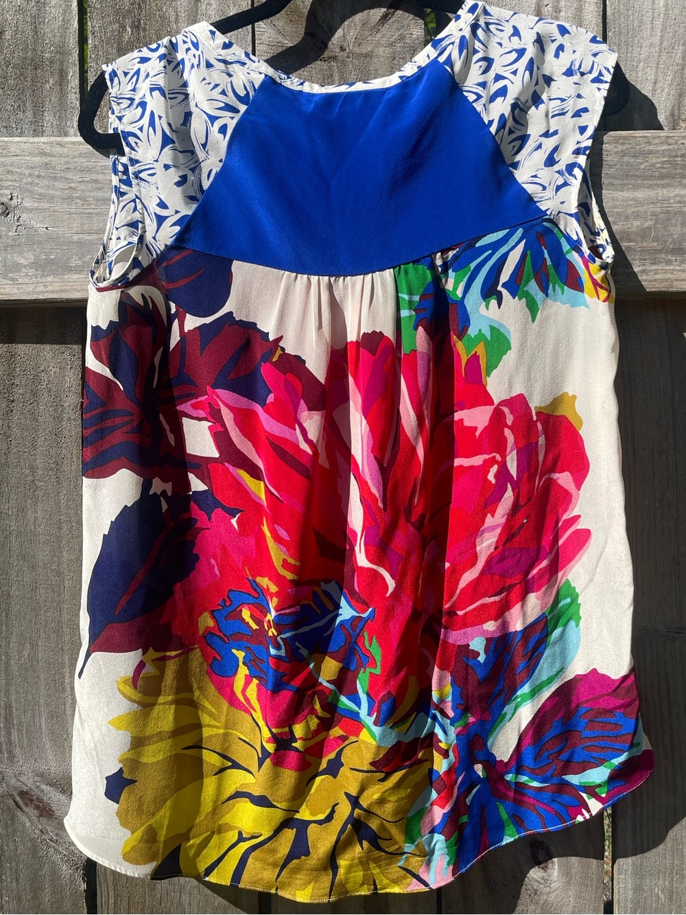 Maeve Vibrant Silk Floral Sleeveless V-Neck Top - Blue, Pink, Yellow, Green - Picture 6 of 8